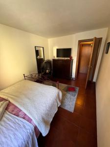 a bedroom with a bed and a television and a floor at Casa indipendente con terrazzo e posto auto in Cademario