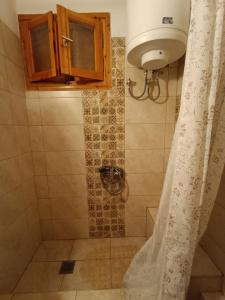 eine Dusche mit Holzschrank und Duschvorhang in der Unterkunft Με Θεα!! in Stomio + 11 Fotos