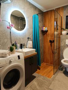 a bathroom with a washing machine and a sink at Apartmani Višegradski pogled in Višegrad