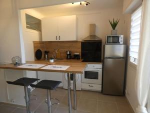 a kitchen with a counter and a refrigerator at Studio moderne en rez de jardin in Antibes