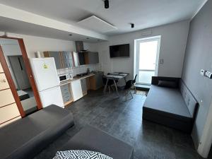 a living room with a couch and a kitchen at Sunrise Apartamenty in Chocicza