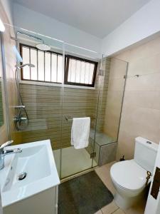 Un baño con ducha, inodoro y lavabo. en Azul sea view, en Lárnaca 26 fotos más