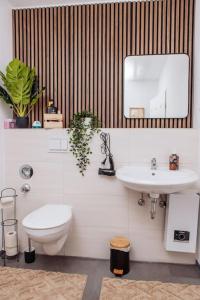 a bathroom with a toilet and a sink and a mirror at sunny & cozy - Netflix - WIFI - City - 4 Person in Essen