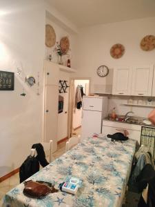 a kitchen with a table with a cat sitting on it at La casa dei Nonni in Cavo
