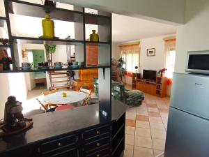 a kitchen and living room with a counter top at Vadvirág Ház in Balatonfüred