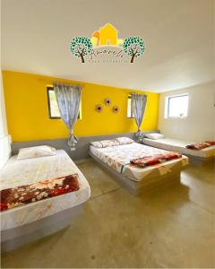 three beds in a room with yellow walls and windows at Finca Amarelo casa campestre cap 35 pers in Cali +5 photos