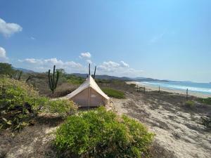 a tent sitting on the beach next to the ocean at Natevo Surf Camping in Barra