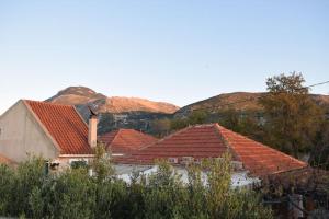 a group of houses with red roofs in front of mountains at Le Bellevue in Mavráta +13 photos