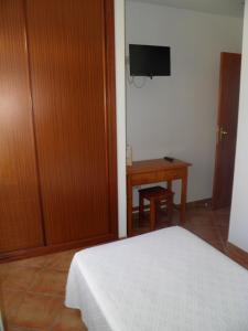 Schlafzimmer mit einem Bett, einem Schreibtisch und einem TV in der Unterkunft Hostal Albacar in Melenara