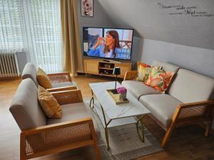 Una sala de estar con dos sofás y un televisor de pantalla plana. en Ferienwohnung Prinz, en Lathen