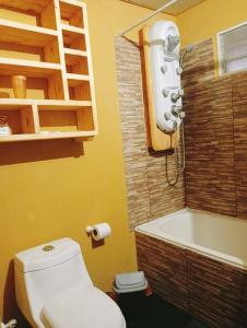 a bathroom with a toilet and a bath tub at Tierras Mágicas in Villa Pehuenia