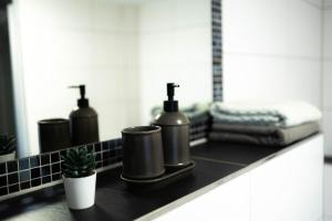a bathroom counter with three soap dispensers on it at Anca's Haus in Schwanstetten +39 photos