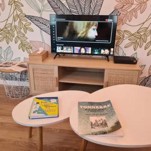 a tv sitting on top of a table with a chair at Chez Raphaël - local à vélos au centre historique in Tonnerre