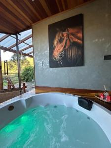 a bath tub with a painting of a horse on the wall at Refúgio Horse in Santo Antônio do Pinhal
