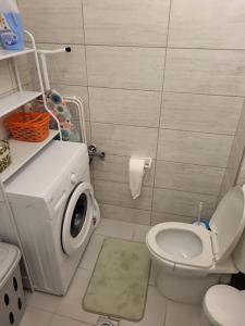 a bathroom with a toilet and a washing machine at Ολοκαίνουρια Iosif's residence in Perea
