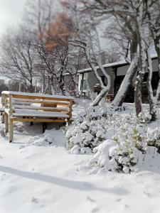 a park bench covered in snow next to flowers and trees at Tierras Mágicas in Villa Pehuenia