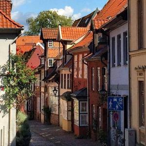 eine Straße mit einer Gruppe von Gebäuden auf einer Straße in der Unterkunft Gast in Hedwigs Haus auf dem Meere in Lüneburg