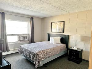 ein Schlafzimmer mit einem Bett und einem Fenster in der Unterkunft Beaverlodge Motor Inn in Beaverlodge