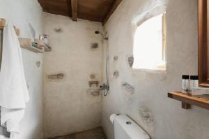 a bathroom with a shower and a toilet and a window at Naxos Alyko Traditional Vacation House ''Mitatos'' in Naxos Chora
