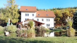 una gran casa blanca con un estanque frente a ella en Penzion Javorský mlýn, en Lázně Bělohrad