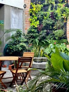 a patio with a table and chairs and plants at HOTEL CASA BRESSE in Cali