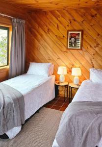 two beds in a wooden room with two lamps at Equestrian Farm Stay in Tahorakuri