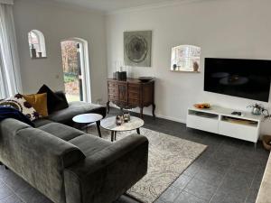 a living room with a couch and a flat screen tv at Winterswijk Modern retreat in Winterswijk-Meddo