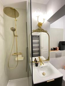 a bathroom with a sink and a shower with a mirror at Studio Luxury Black & White in Alba Iulia