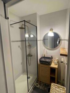a bathroom with a shower and a vanity with a mirror at Magnifique appartement - Centre ville de Vannes à pied in Vannes