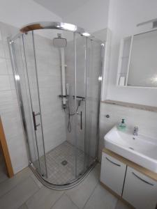 a bathroom with a shower and a sink at Ferienwohnung Lange in Burgstaedt