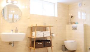 a bathroom with a sink and a toilet and a mirror at Møllehusets lejligheder i Ikast tæt ved Herning, Silkeborg og Århus in Ikast +47 photos