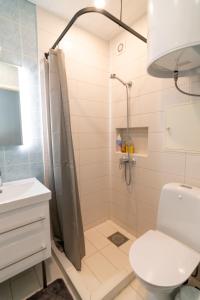 un bagno con doccia, WC e lavandino di Nikolai 9 City Centre Apartment a Pärnu Altre 28 foto