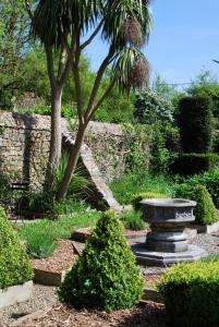 a garden with a tree and a stone wall at Cottage de charme & jardin fabuleux à 800m de la mer - Maison Melchior in Flamanville