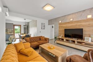 a living room with a couch and a television at Villa Ajlin with Private Pool in Sveti Lovreč Pazenatički
