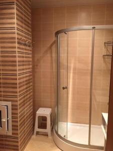 a shower stall in a bathroom with a dog scale at Hatai Avenue 38 Apartment in Baku