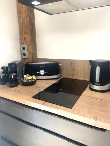 a kitchen counter with a coffee maker and a toaster at LE LODGE, Pyrénées 2000 - Jardin, très calme, espace rangement in Bolquere Pyrenees 2000 +11 photos