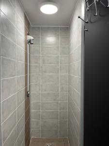 a shower with a glass door in a bathroom at Gite de la Croix du Hêtre in Hambers +28 photos