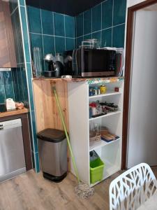a kitchen with a trash can with a mop at Aurette in Saint-Lary-Soulan