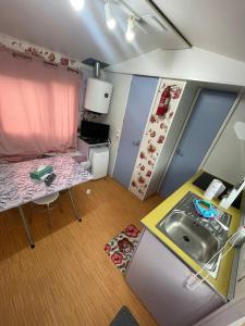 a small room with a sink and a table at Casă mobilă 1 in Constanţa