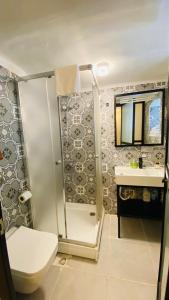 a bathroom with a shower and a toilet and a sink at Mansion Miliá in Adalar +61 photos