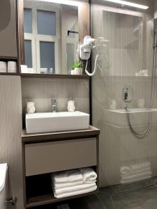 a bathroom with a sink and a shower at Rina Apartments in Sarajevo