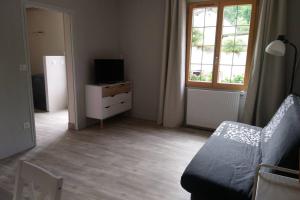 a living room with a couch and a television at Le domaine du Clair Mont entre Beauval et châteaux in Monthou-sur-Cher