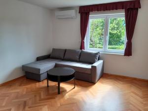 a living room with a couch and a table and a window at Apartments Field Flower in Radovljica
