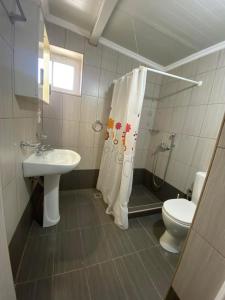 a bathroom with a sink and a toilet at Sappir House in Pigadhákia +22 photos