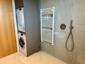 un bagno con doccia e lavatrice di Hrossholt a Stykkishólmur