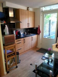 a kitchen with wooden cabinets and a glass table at Apartment Lazoroski Arcen in Arcen