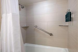 a bathroom with a shower with a shower curtain at DoubleTree by Hilton Washington DC – Crystal City in Arlington