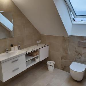 a bathroom with a sink toilet and a skylight at APARTAMENTY BAŁTYCKA 4d in Rowy