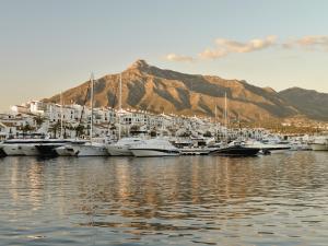grupa łodzi zakotwiczona w porcie z górą w obiekcie VACATION MARBELLA I Brand New Terrazas de Banús Apt, 24-7 Security, a minute from the Marina, The Sea and Luxury Shopping w Marbelli +23 zdjęcia