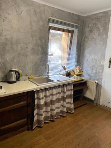 a kitchen counter with a sink and a window at U Bogdana in Yaremche